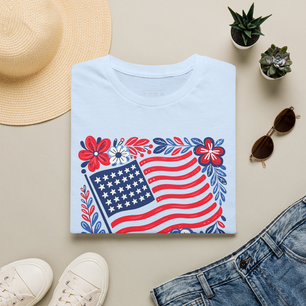 American Flag Floral T-Shirt — Patriotic Stars & Stripes Tee