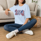 250 Patriotic T-Shirt — USA Flag Number Tee with Stars & Bows (Fourth of July)
