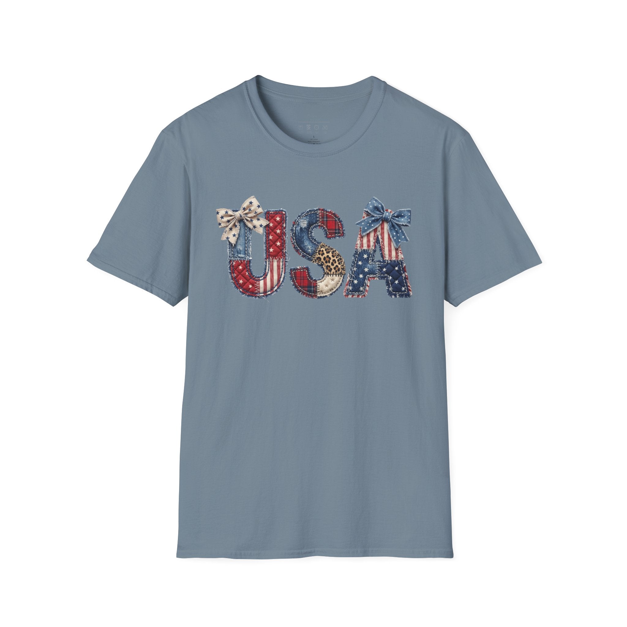 USA Patriotic T-Shirt — Distressed Flag Letters with Bows (4th of July)
