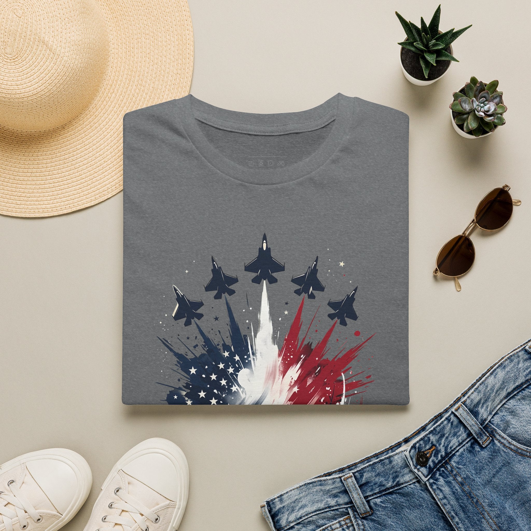 T-Shirt — Patriotic Jet Flyover with American Flag Splash