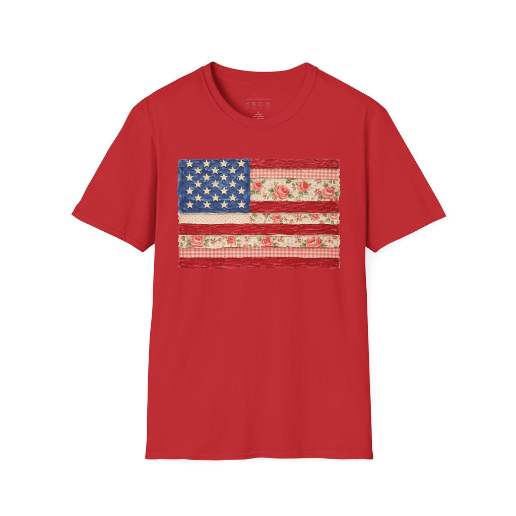 Patriotic Floral American Flag T-Shirt — Vintage Rose USA Tee for Fourth of July