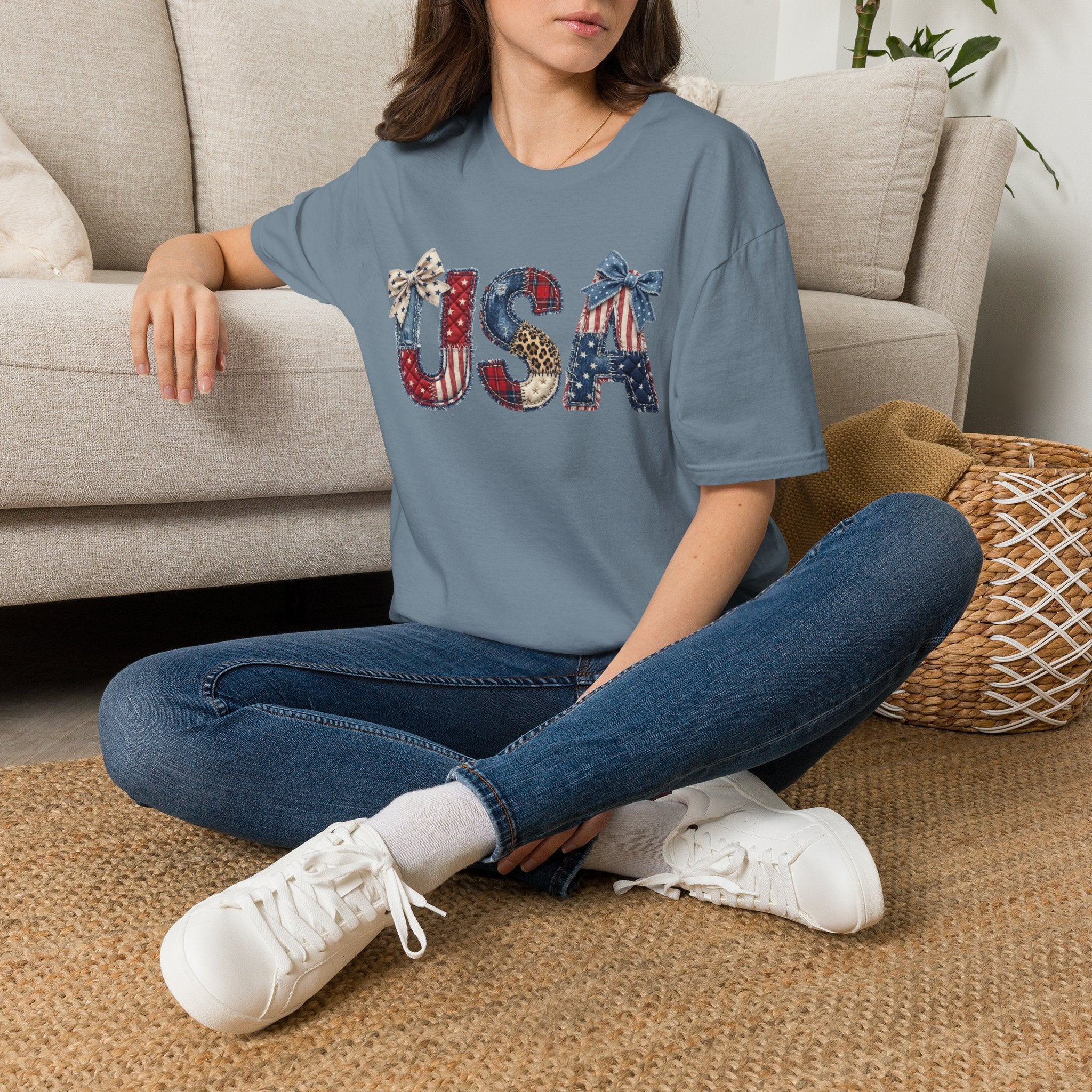 USA Patriotic T-Shirt — Distressed Flag Letters with Bows (4th of July)