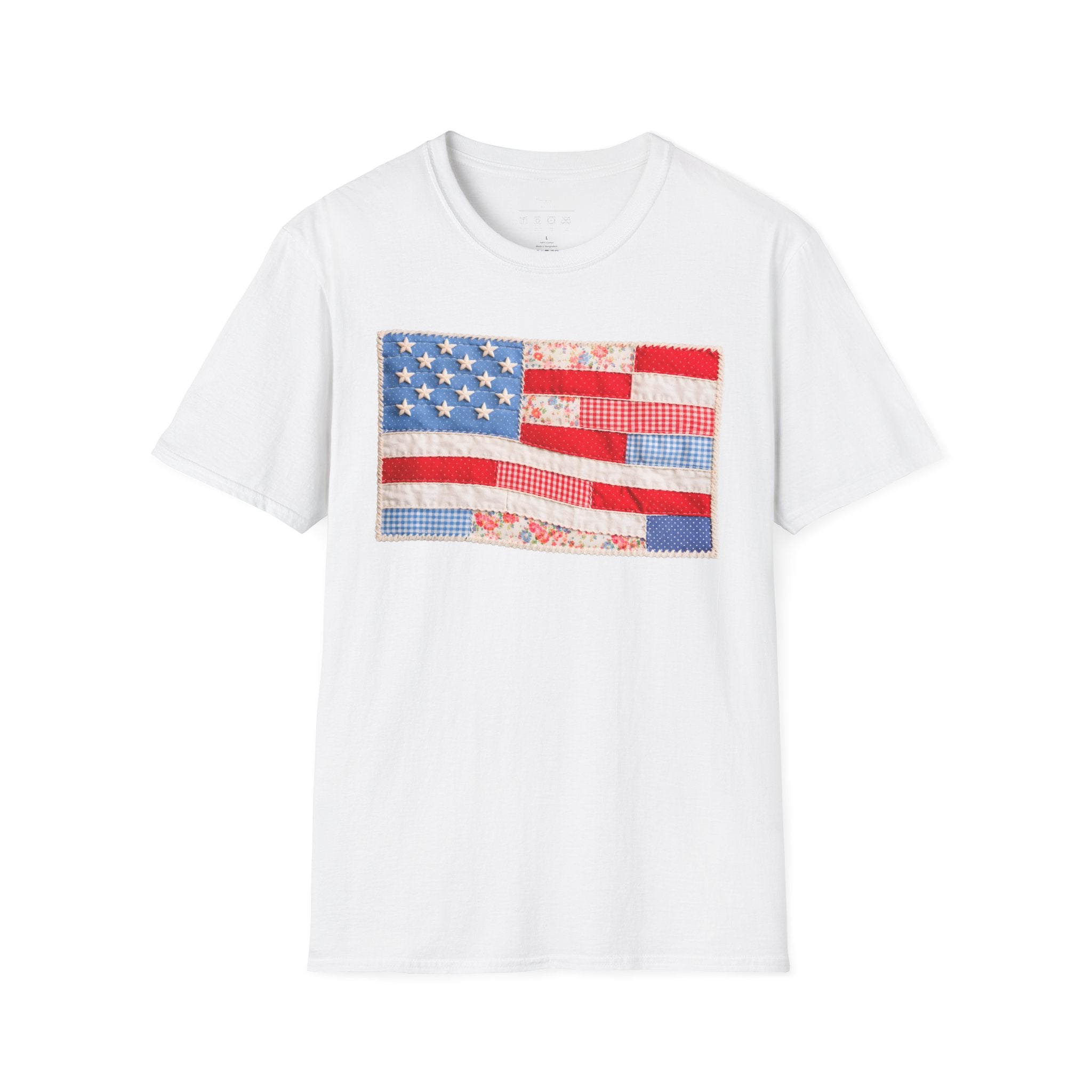 American Patchwork Flag T-Shirt — Vintage Floral Stars & Stripes Tee for 4th of July