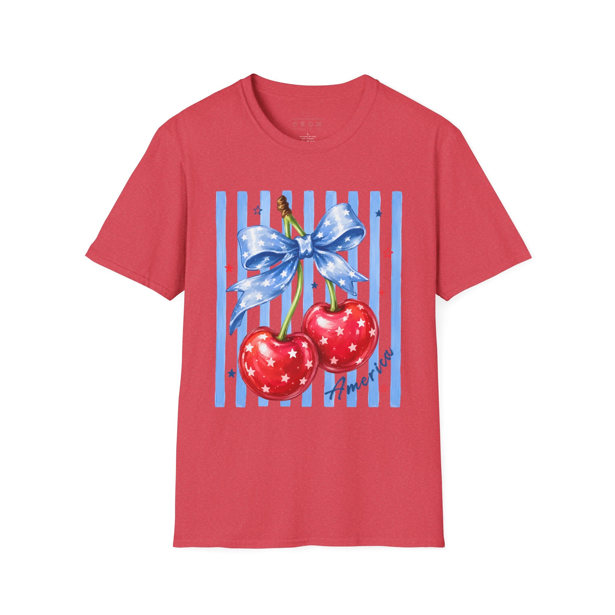 Cherry Graphic T-Shirt — Blue Bow & Striped Summer Tee