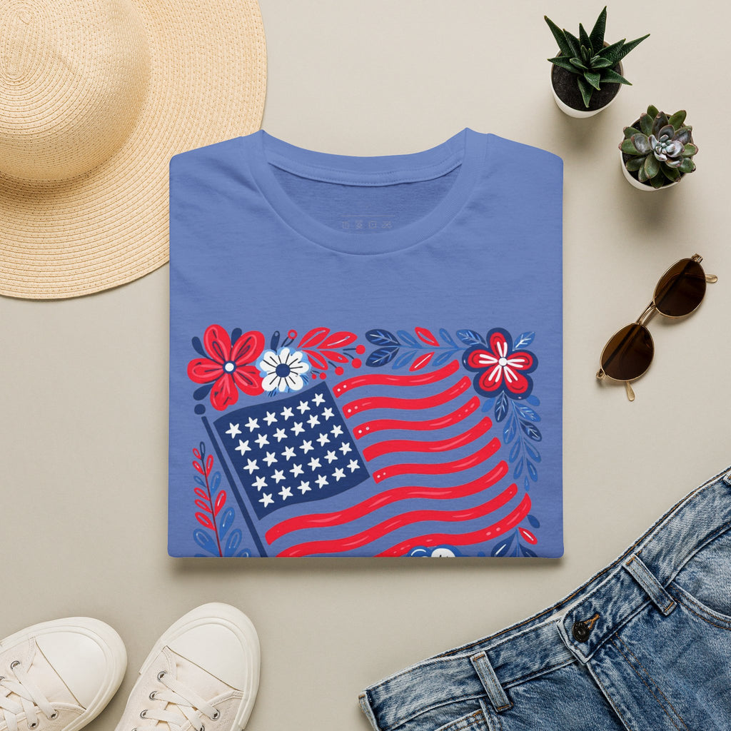 American Flag Floral T-Shirt — Patriotic Stars & Stripes Tee