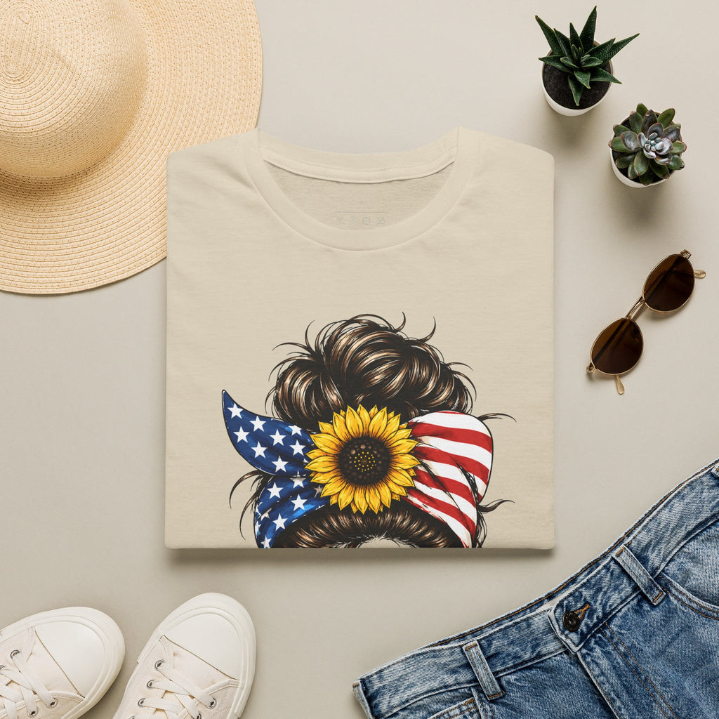 T-Shirt — Patriotic Sunflower Messy Bun (America)