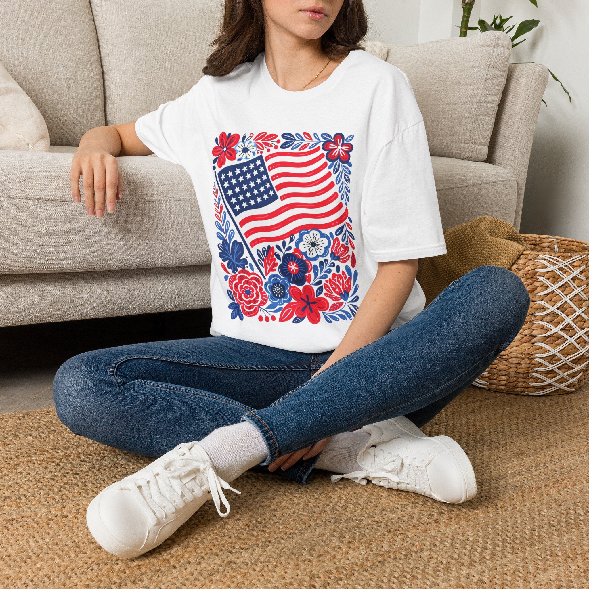 American Flag Floral T-Shirt — Patriotic Stars & Stripes Tee