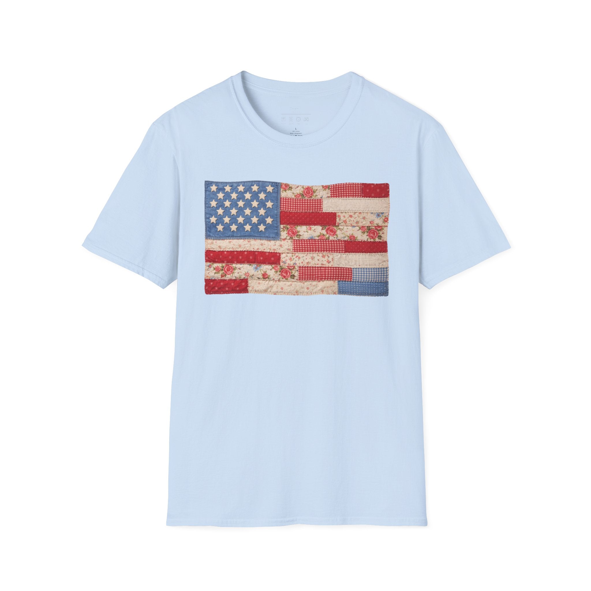 Patchwork American Flag T-Shirt — Vintage Floral Patriotic Tee