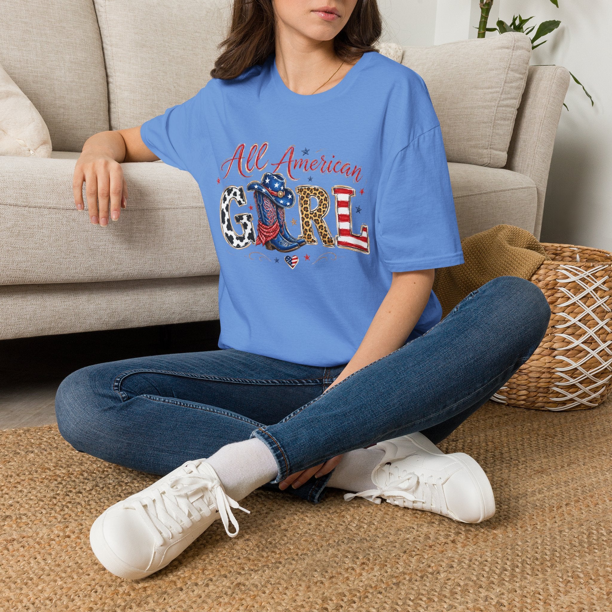All American Girl T-Shirt — Patriotic USA Leopard & Flag Graphic Tee