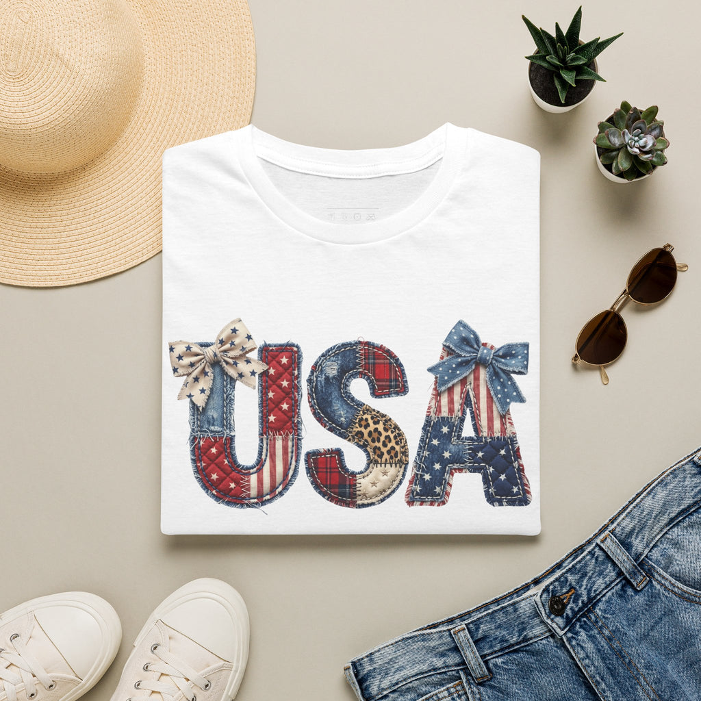 USA Patriotic T-Shirt — Distressed Flag Letters with Bows (4th of July)