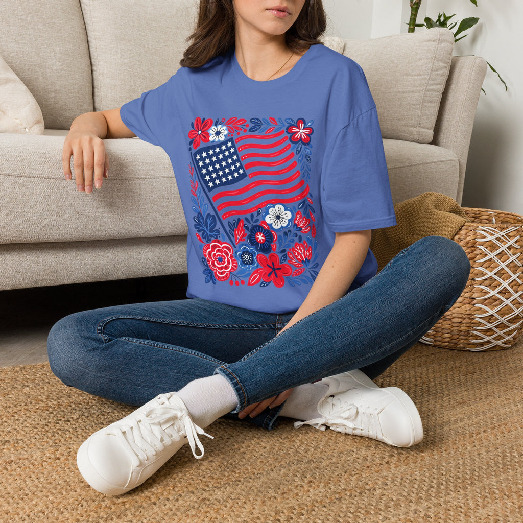 American Flag Floral T-Shirt — Patriotic Stars & Stripes Tee