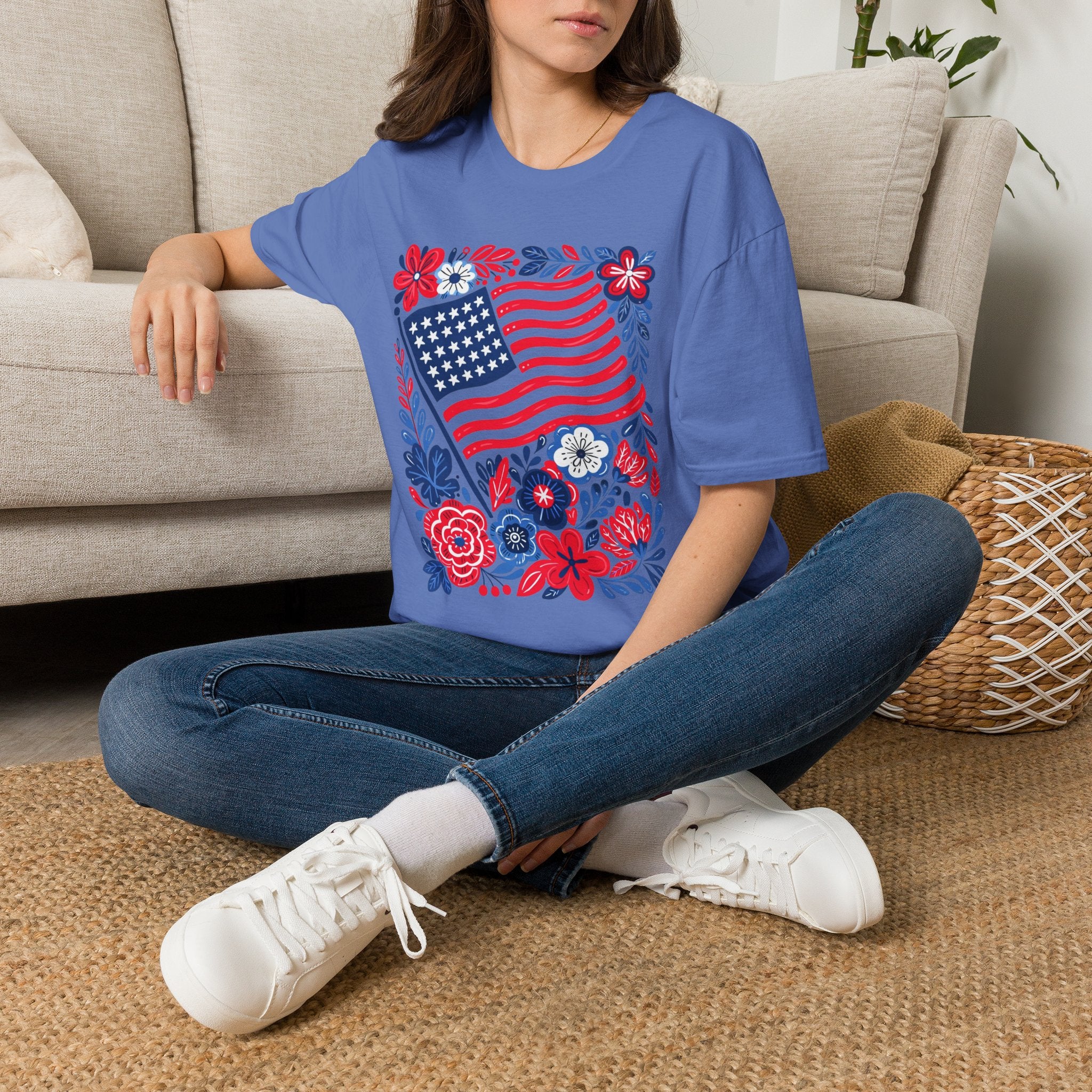 American Flag Floral T-Shirt — Patriotic Stars & Stripes Tee