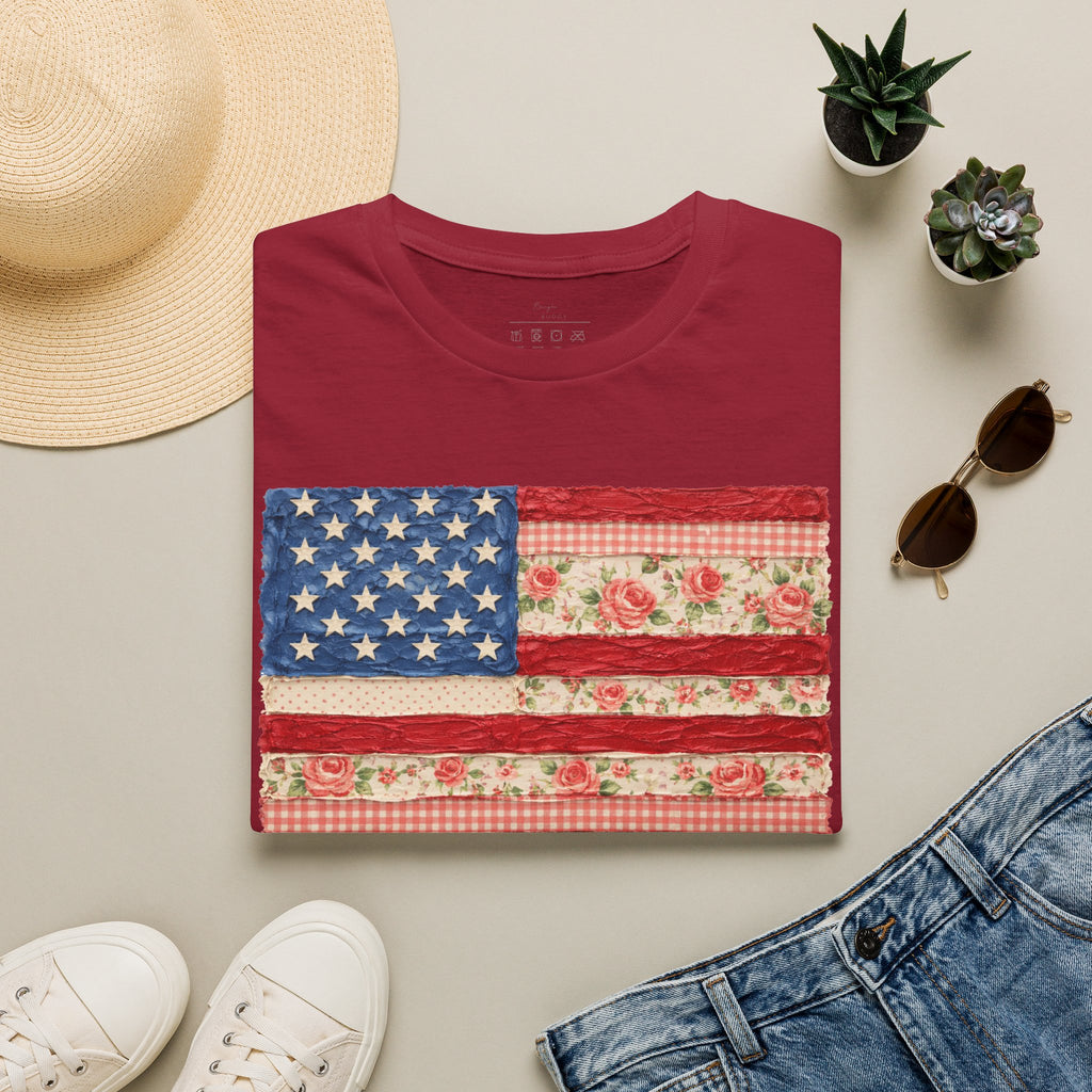 Patriotic Floral American Flag T-Shirt — Vintage Rose USA Tee for Fourth of July
