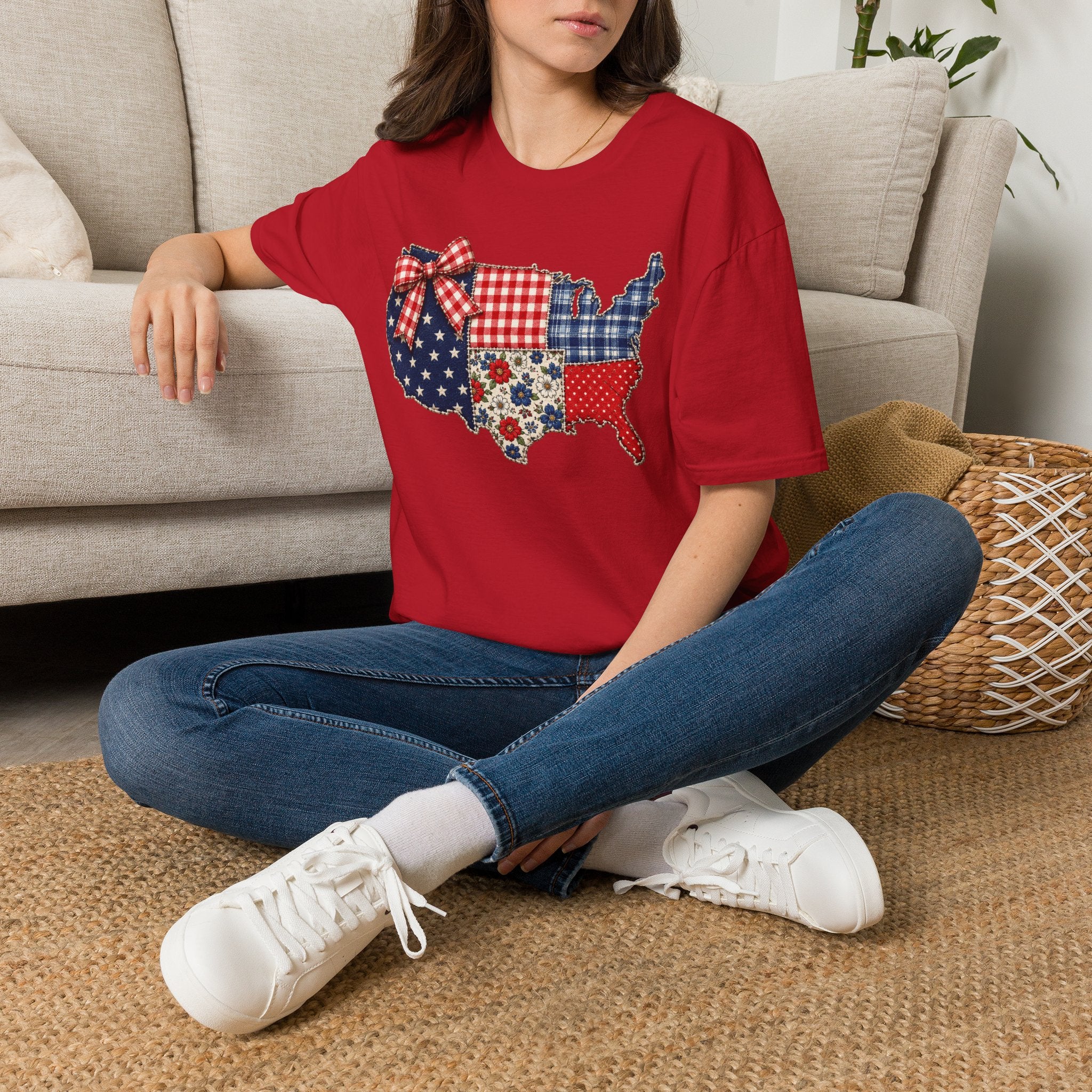 Patriotic Patchwork USA T-Shirt — Quilted Red White & Blue Map Tee