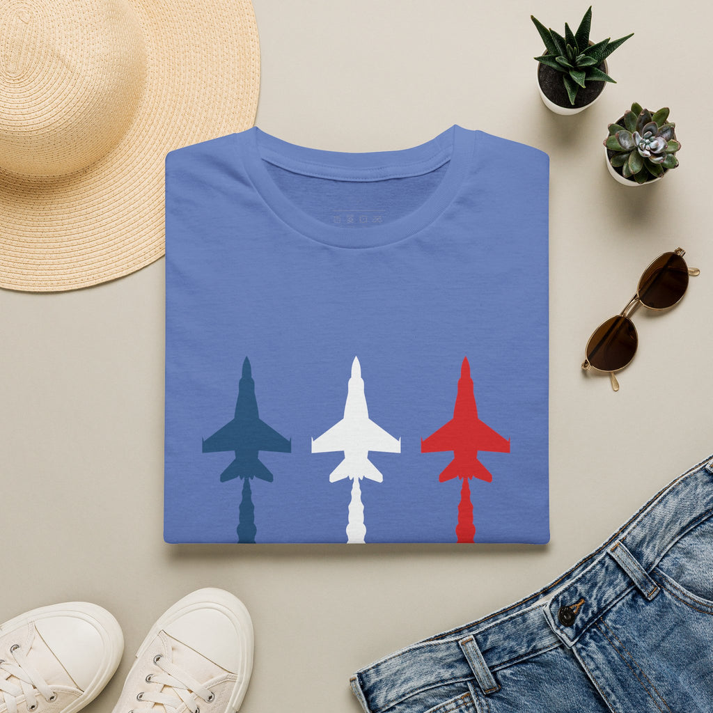 Patriotic Fighter Jet T-Shirt — Red White & Blue Military Aircraft Tee