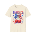 America Patriotic Cherry Graphic T-Shirt — USA Flag Bow 4th of July Tee