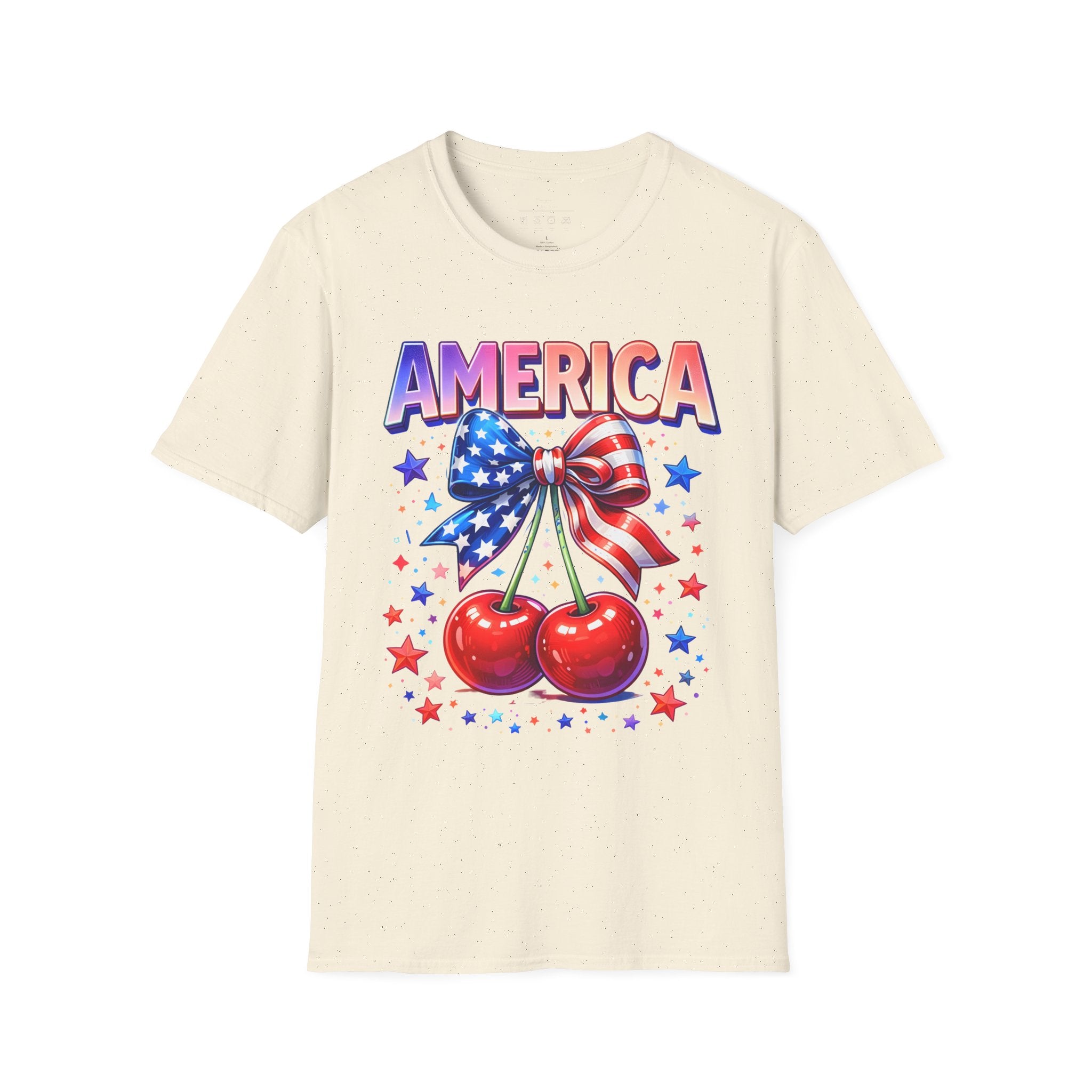 America Patriotic Cherry Graphic T-Shirt — USA Flag Bow 4th of July Tee