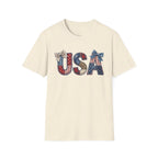 USA Patriotic T-Shirt — Distressed Flag Letters with Bows (4th of July)