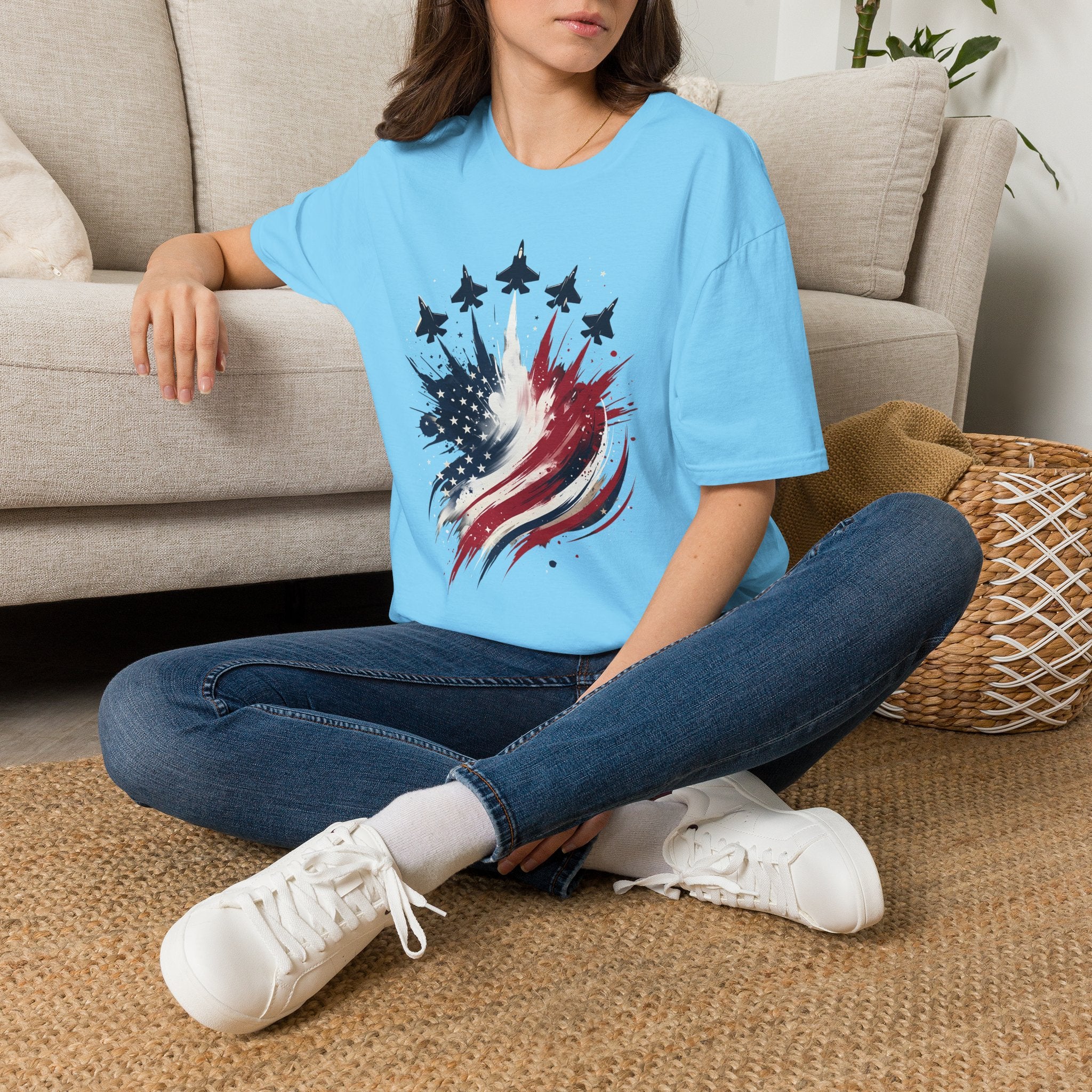 T-Shirt — Patriotic Jet Flyover with American Flag Splash