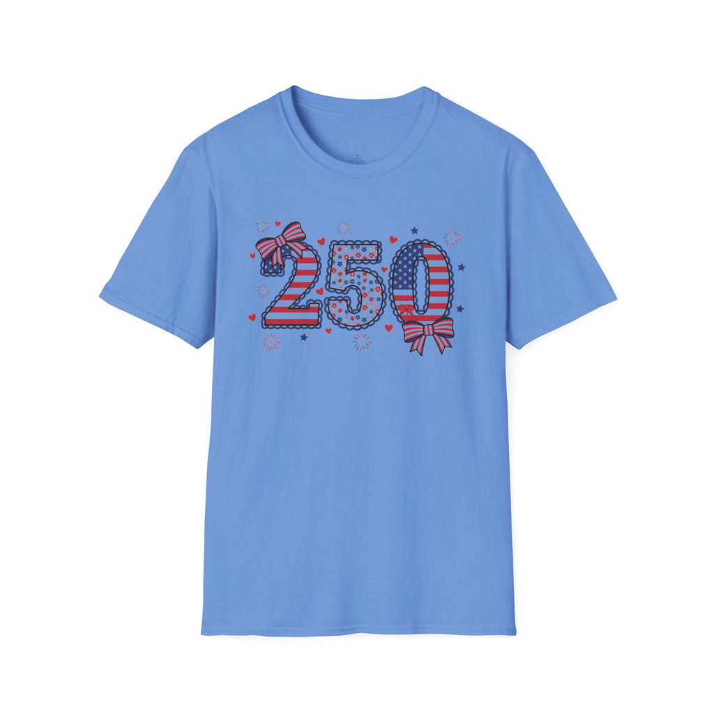 250 Patriotic T-Shirt — USA Flag Number Tee with Stars & Bows (Fourth of July)