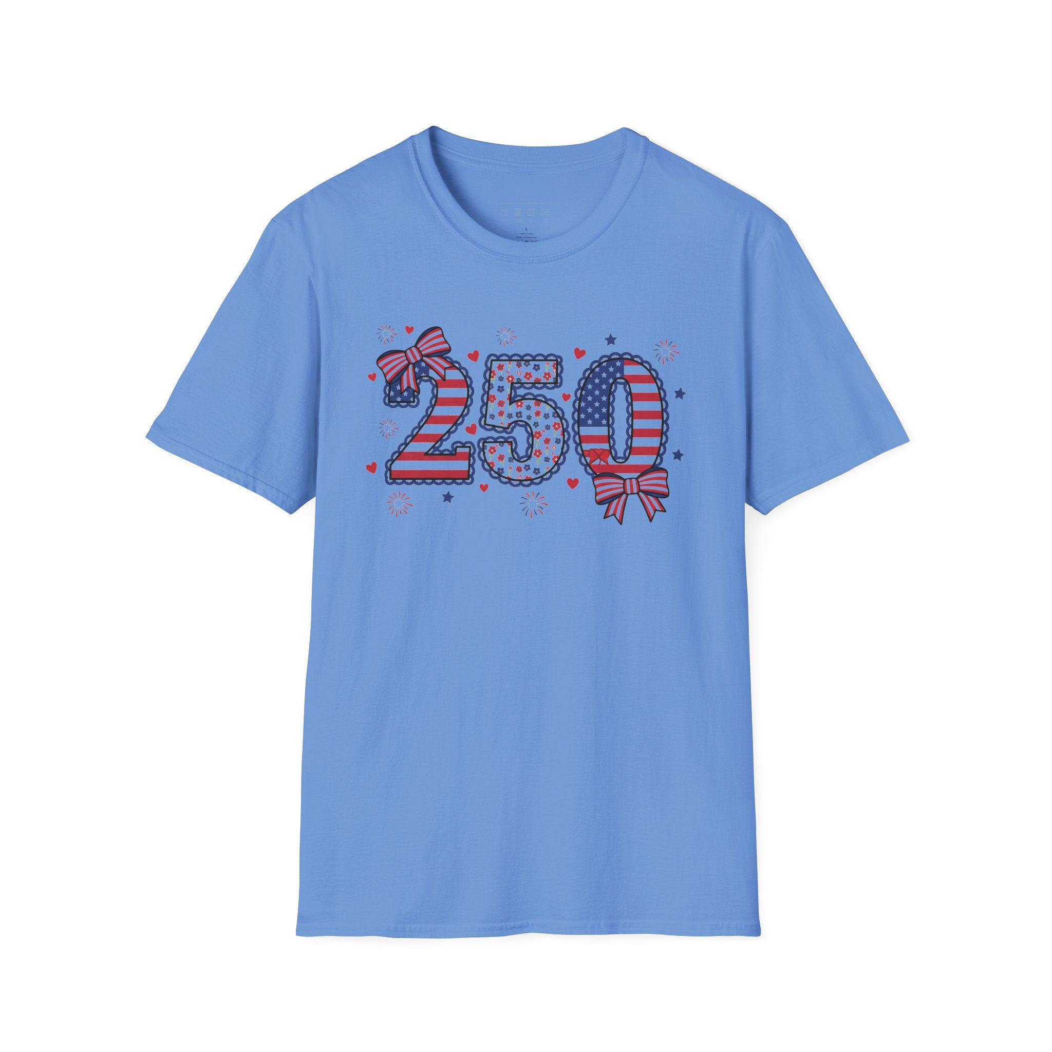 250 Patriotic T-Shirt — USA Flag Number Tee with Stars & Bows (Fourth of July)