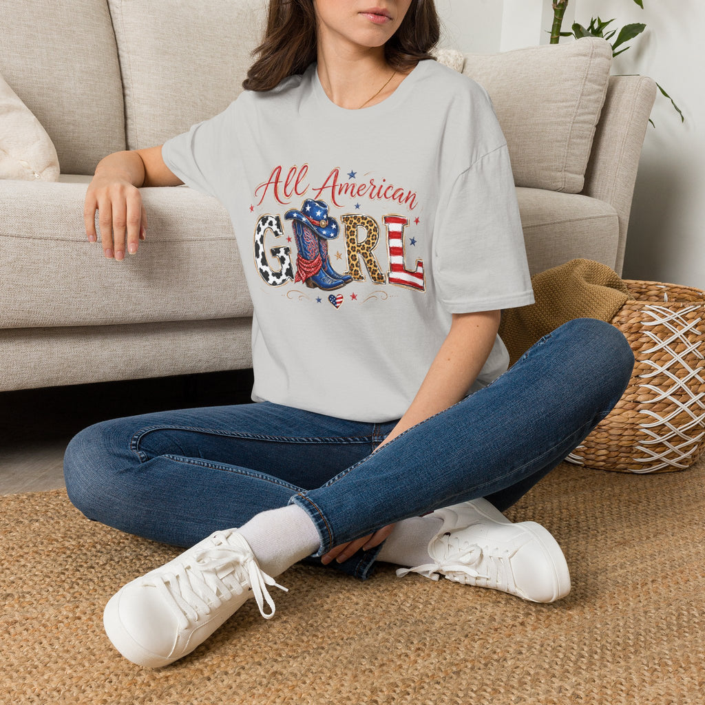 All American Girl T-Shirt — Patriotic USA Leopard & Flag Graphic Tee