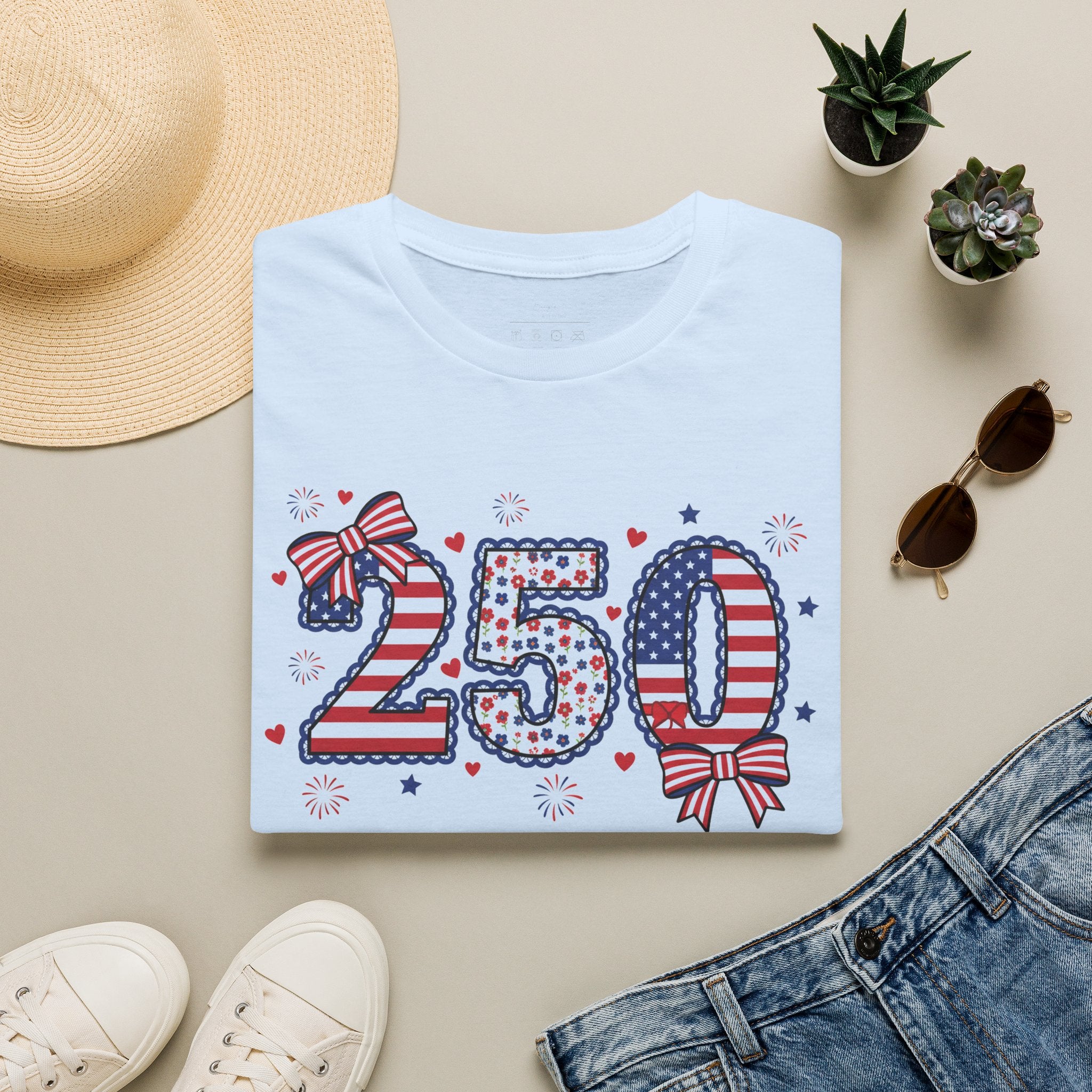 250 Patriotic T-Shirt — USA Flag Number Tee with Stars & Bows (Fourth of July)