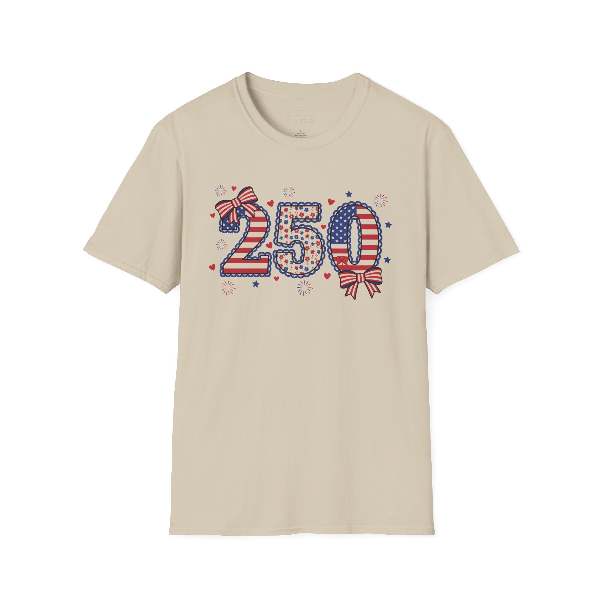 250 Patriotic T-Shirt — USA Flag Number Tee with Stars & Bows (Fourth of July)