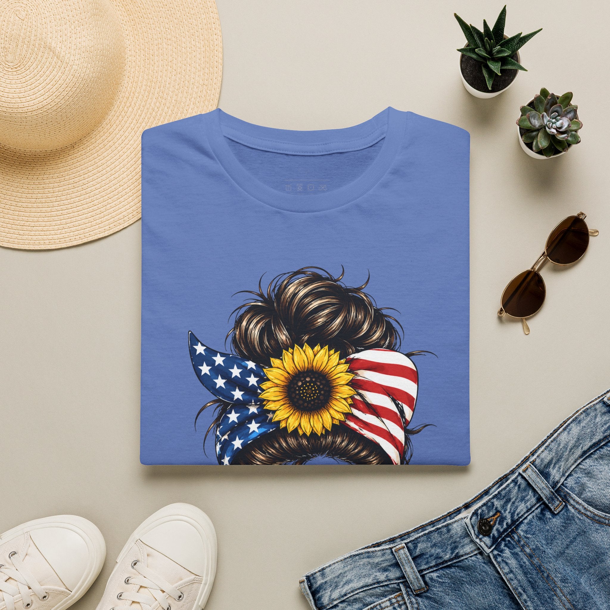 T-Shirt — Patriotic Sunflower Messy Bun (America)