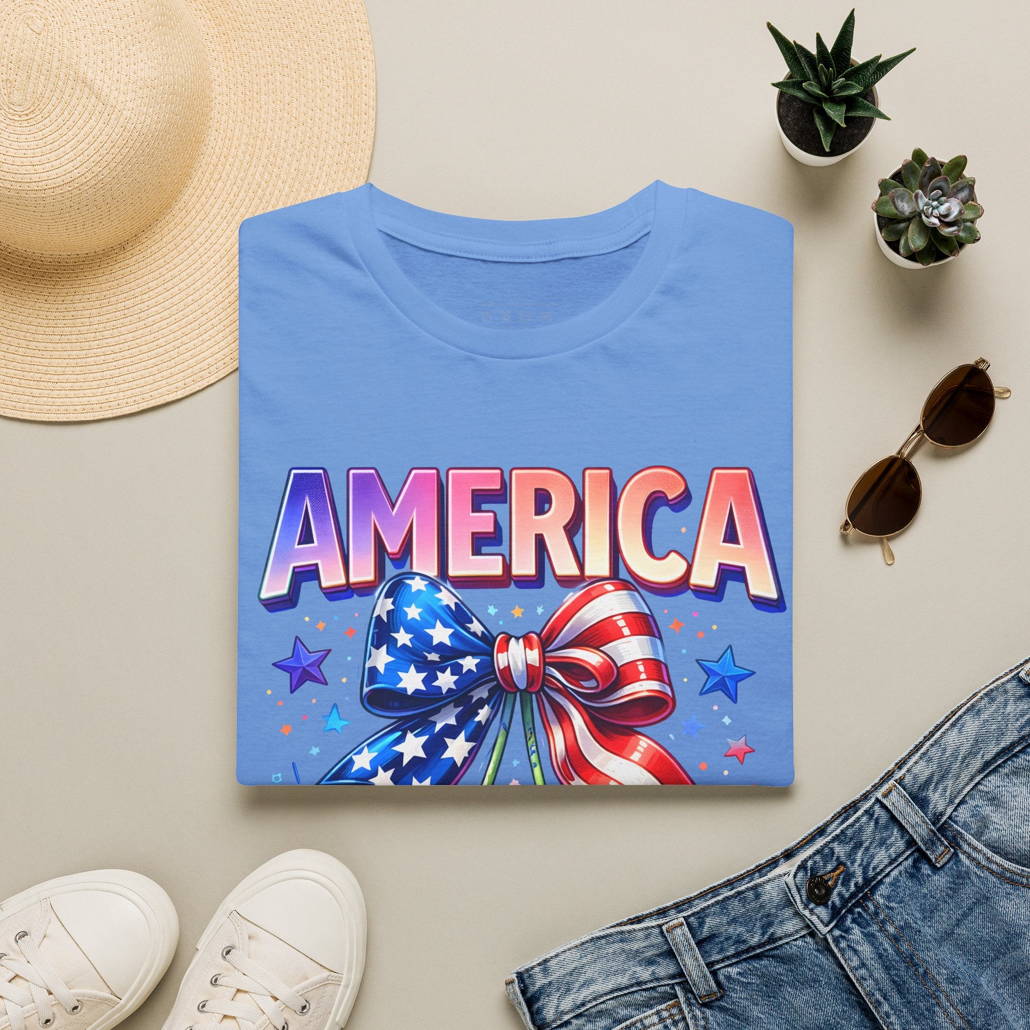 America Patriotic Cherry Graphic T-Shirt — USA Flag Bow 4th of July Tee