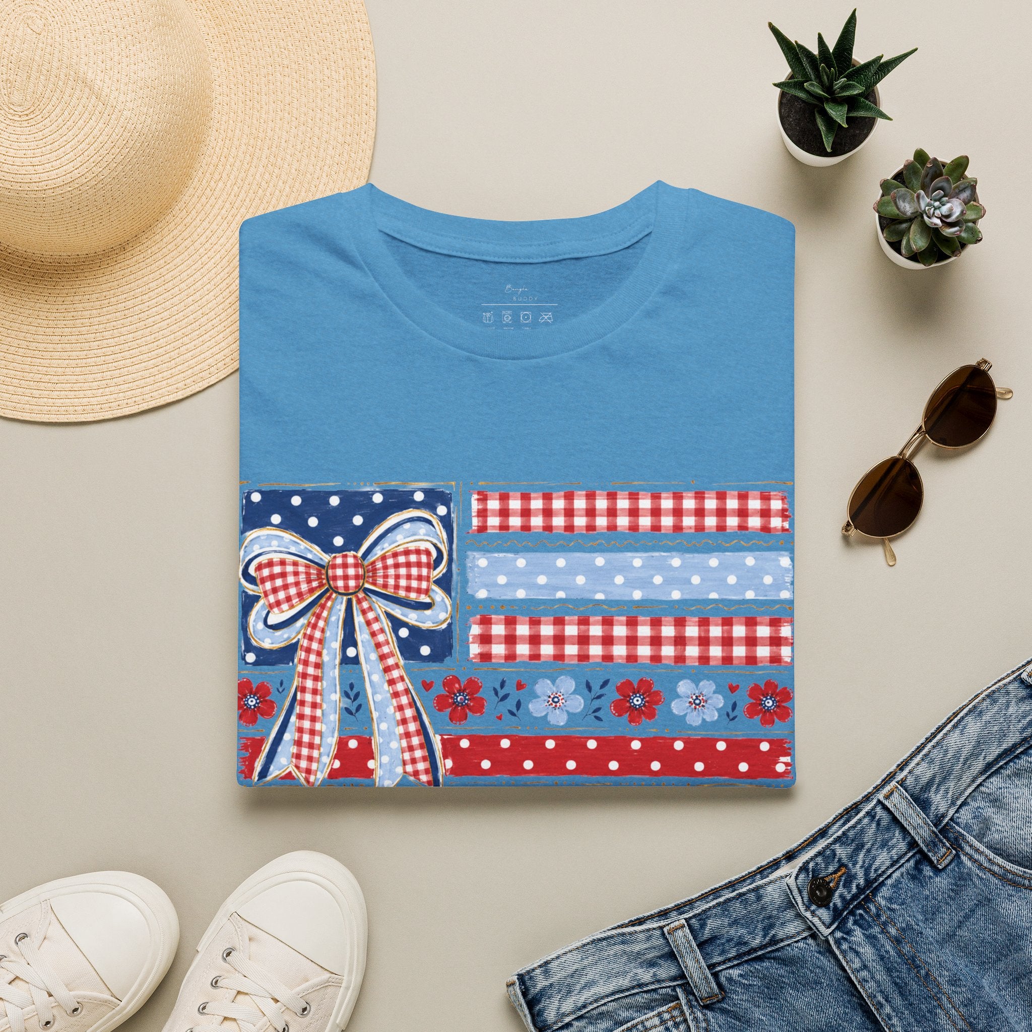 Patriotic Bow Flag T-Shirt – Red White Blue American Floral Plaid Tee