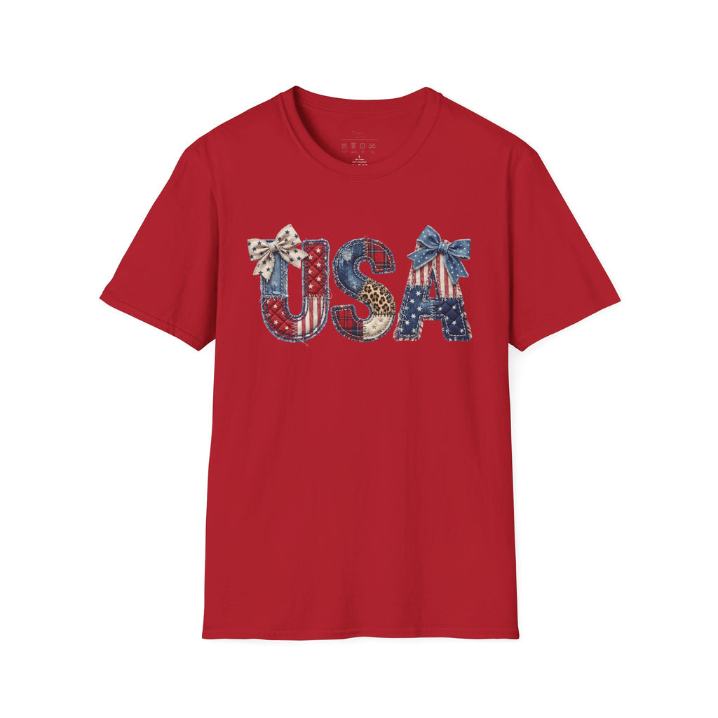 USA Patriotic T-Shirt — Distressed Flag Letters with Bows (4th of July)