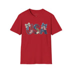 USA Patriotic T-Shirt — Distressed Flag Letters with Bows (4th of July)