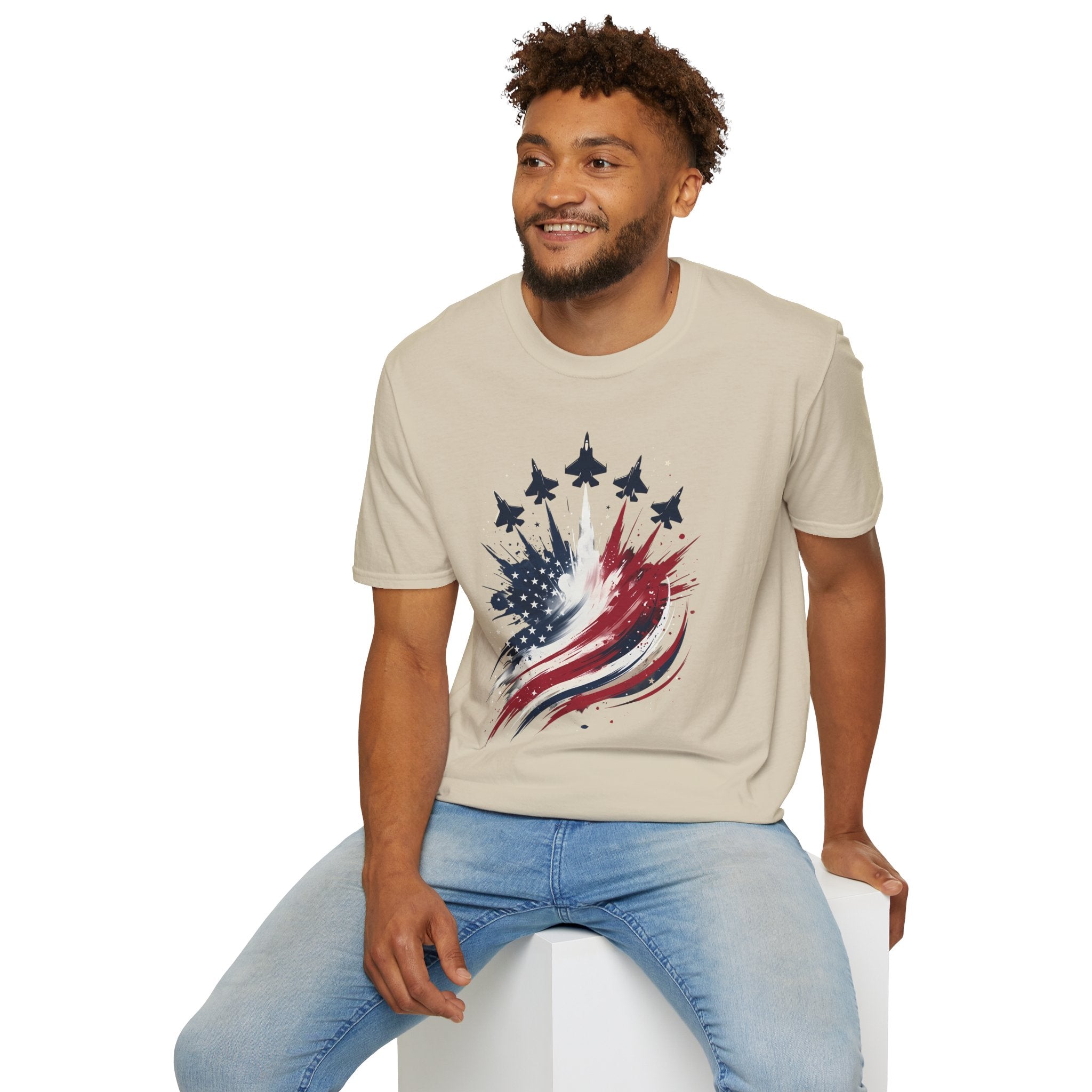 T-Shirt — Patriotic Jet Flyover with American Flag Splash