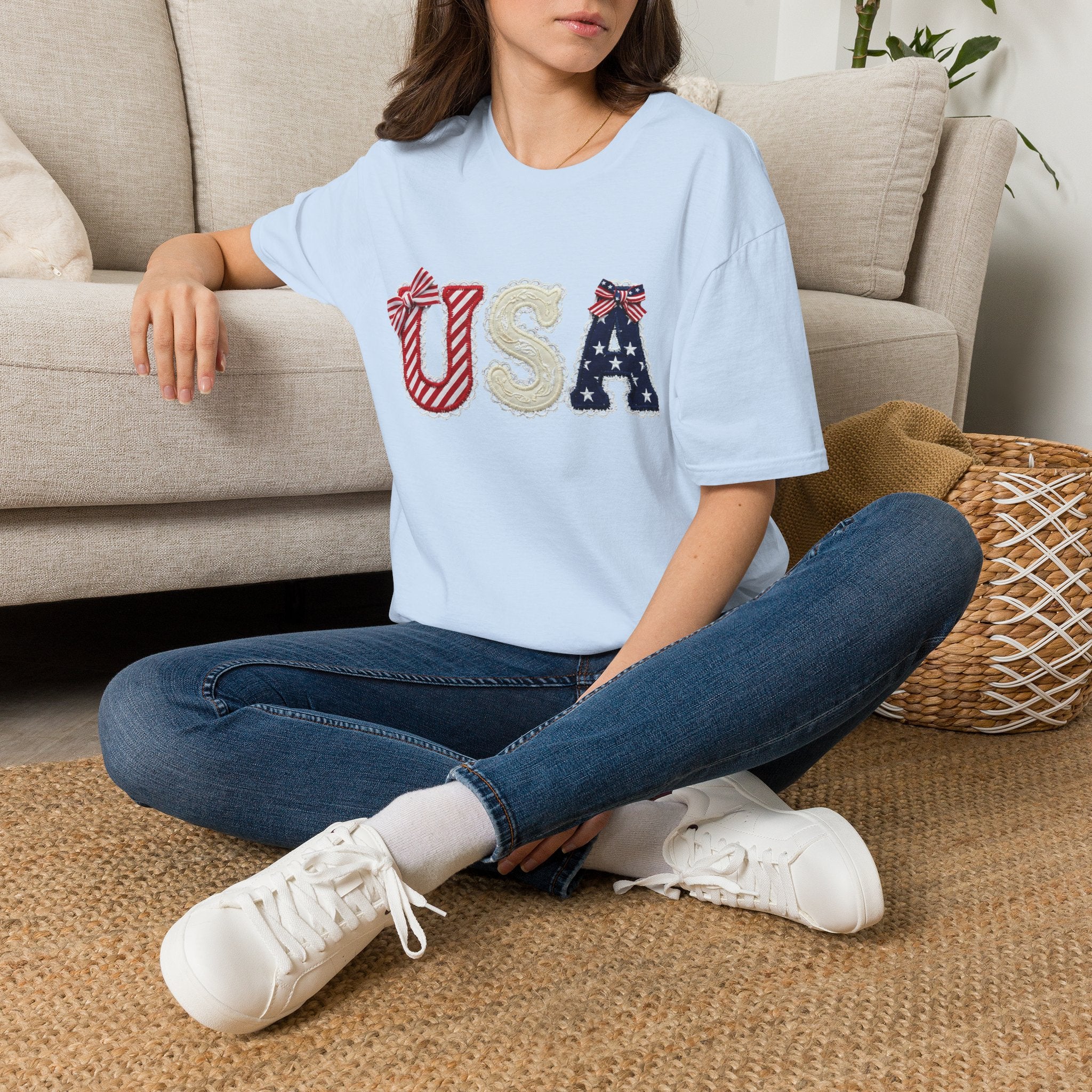 USA Applique T-Shirt — Patriotic 4th of July Flag Letter Tee