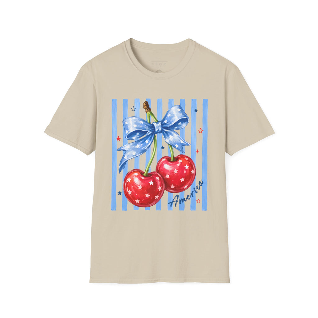 Cherry Graphic T-Shirt — Blue Bow & Striped Summer Tee