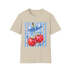 Cherry Graphic T-Shirt — Blue Bow & Striped Summer Tee