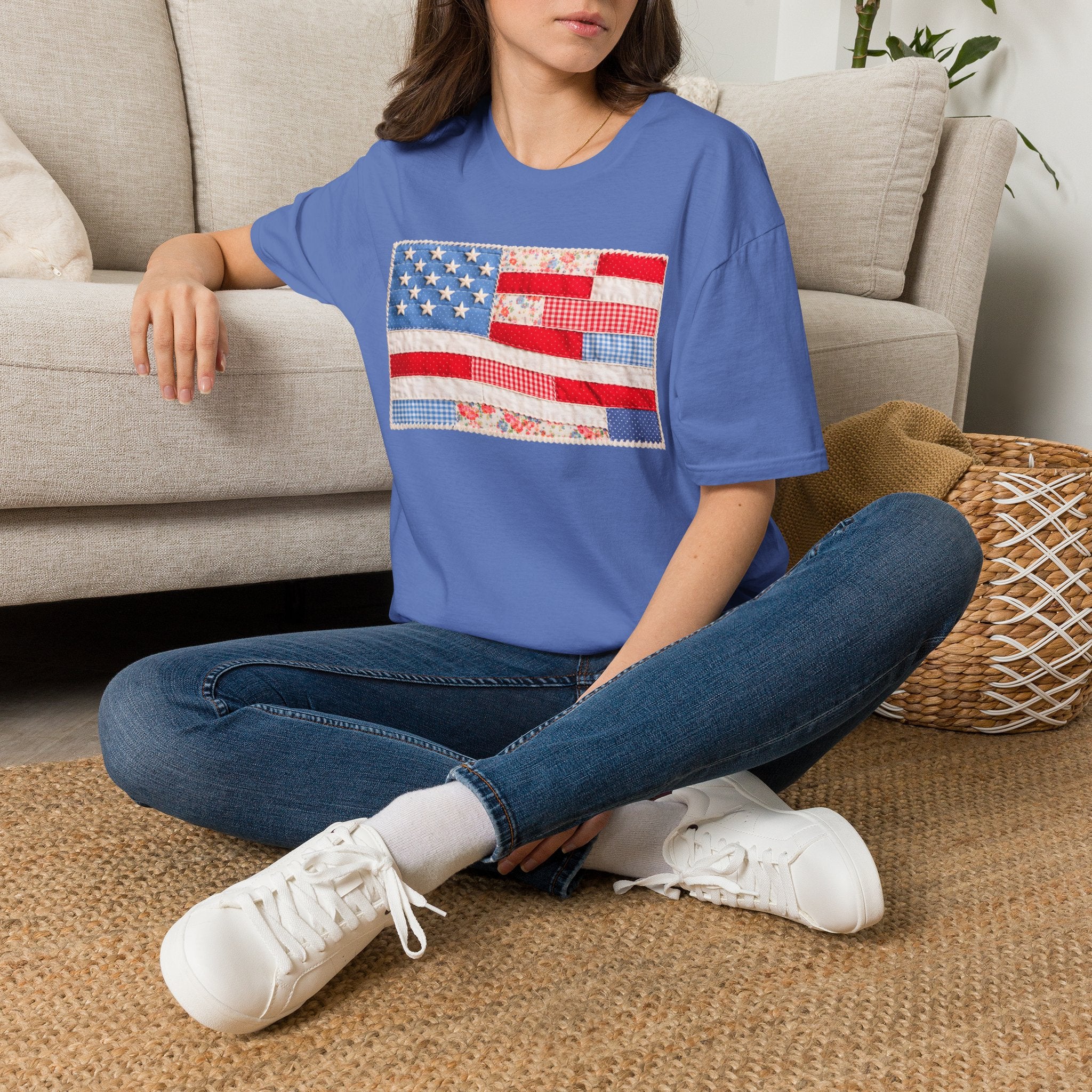 American Patchwork Flag T-Shirt — Vintage Floral Stars & Stripes Tee for 4th of July