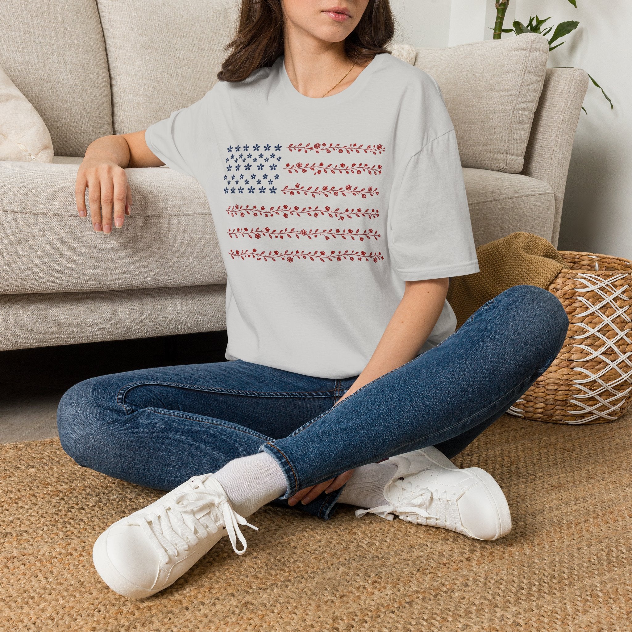 Floral American Flag T-Shirt — Patriotic Red & Blue Botanical Tee for 4th of July