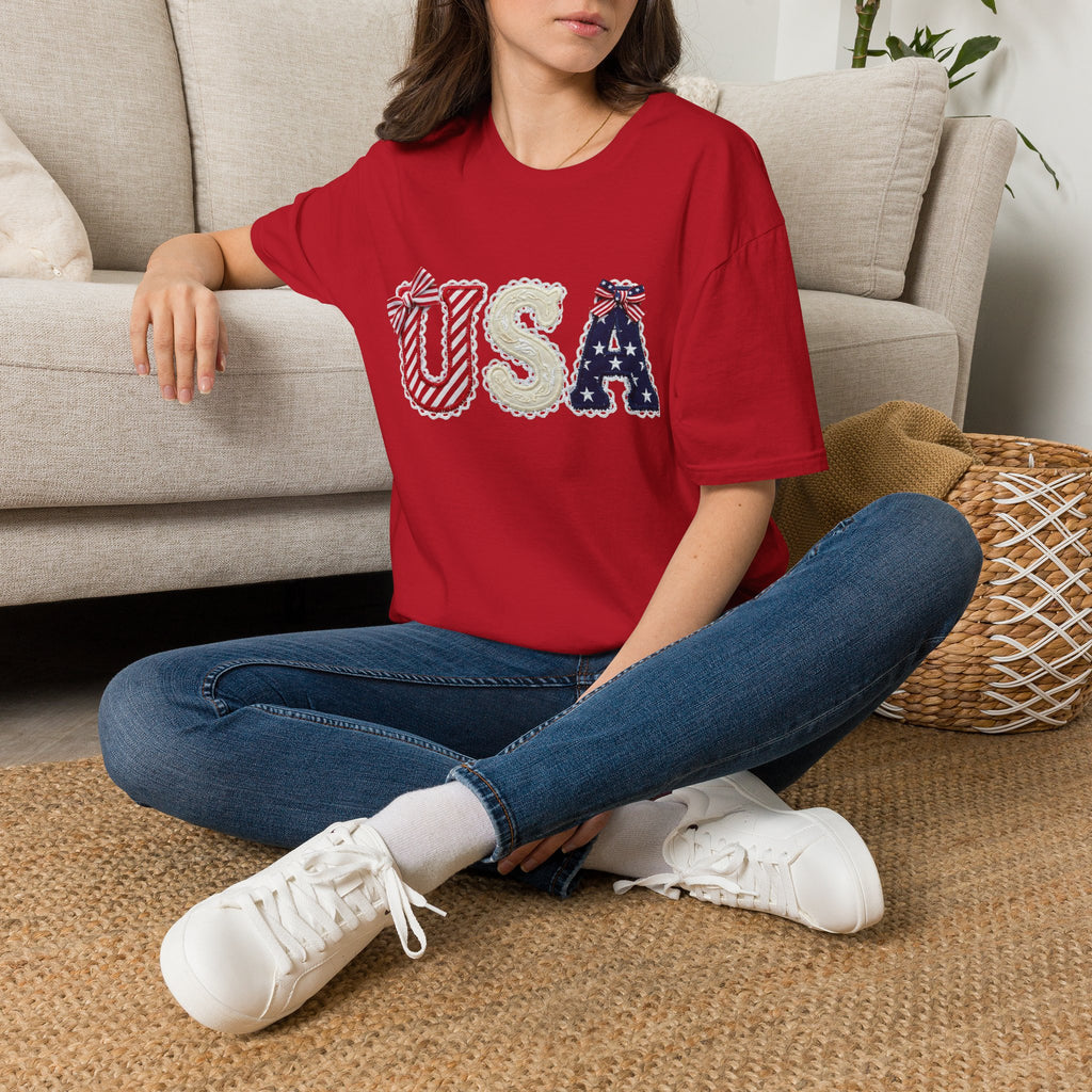 USA Applique T-Shirt — Patriotic 4th of July Flag Letter Tee
