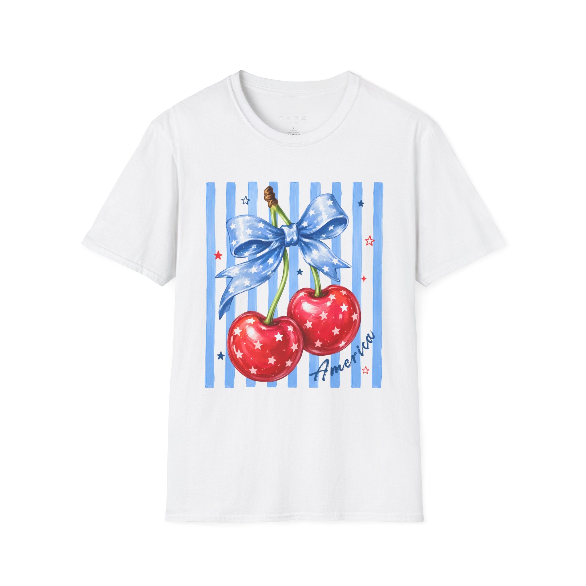 Cherry Graphic T-Shirt — Blue Bow & Striped Summer Tee