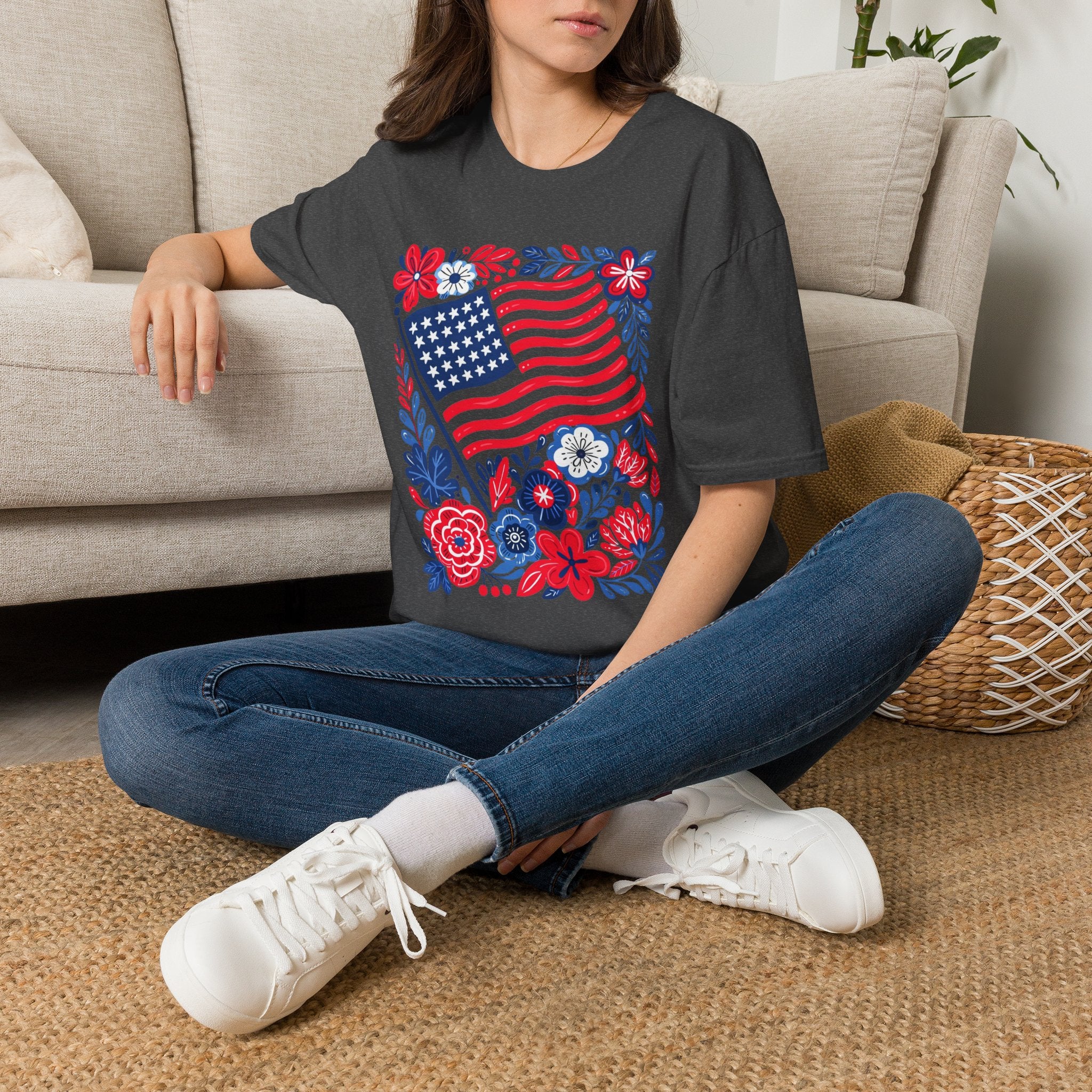 American Flag Floral T-Shirt — Patriotic Stars & Stripes Tee