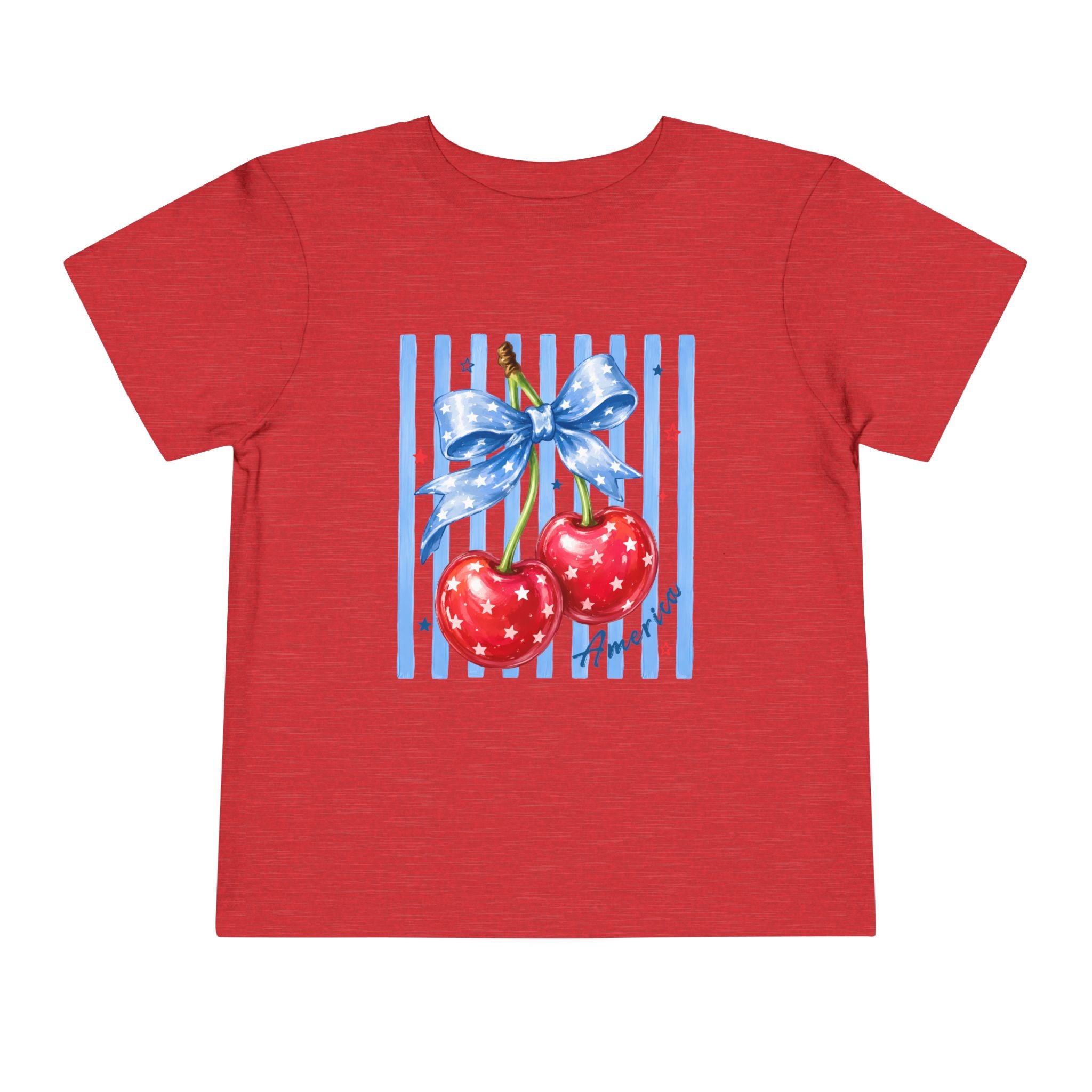 Toddler Tee Cherry Bow   — Cute Red Cherries with Blue Stripes