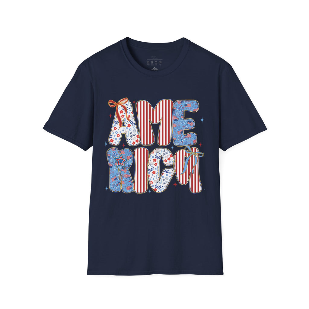 AME Retro Patriotic T-Shirt — Red White Blue Floral & Stripes Graphic Tee