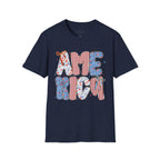 AME Retro Patriotic T-Shirt — Red White Blue Floral & Stripes Graphic Tee