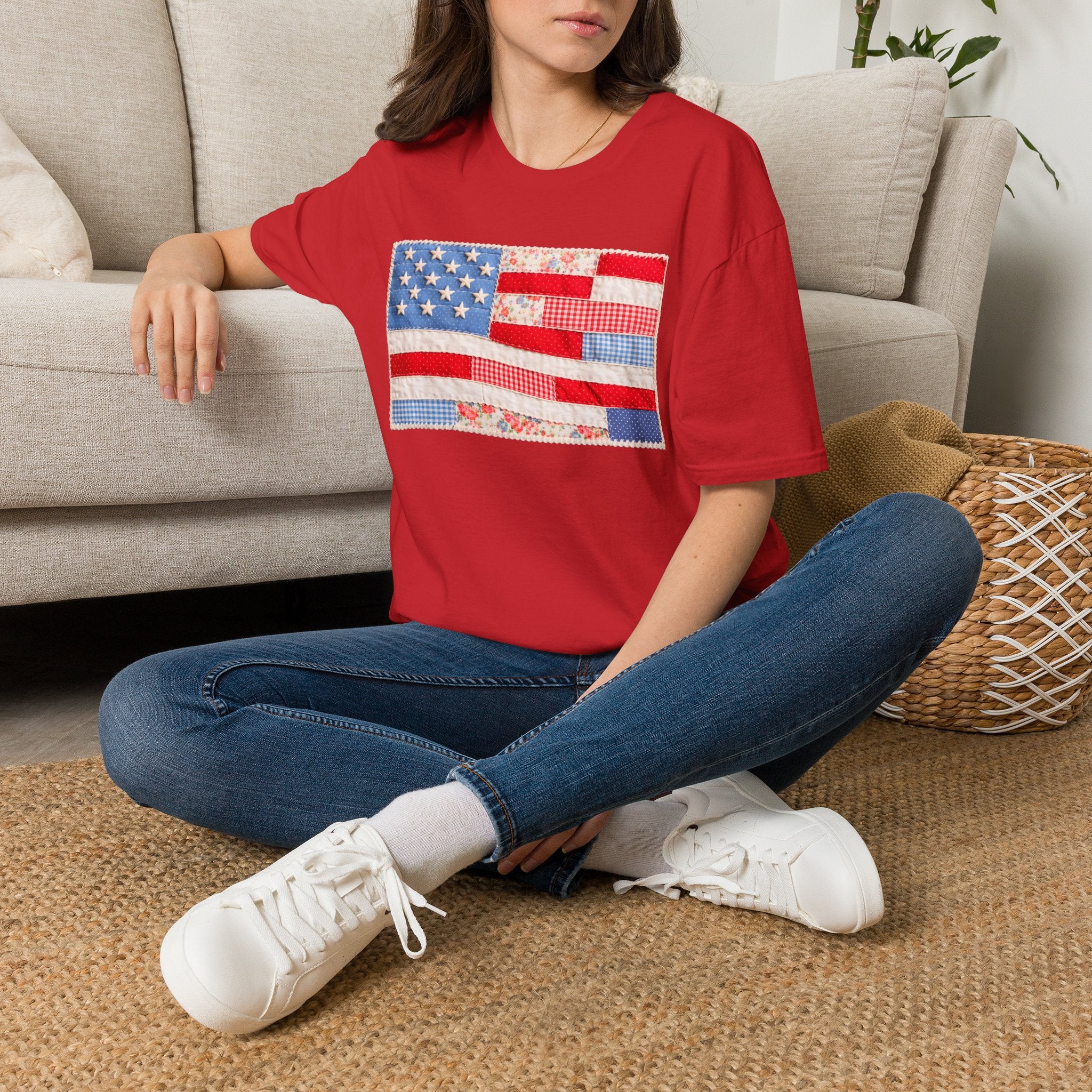 American Patchwork Flag T-Shirt — Vintage Floral Stars & Stripes Tee for 4th of July
