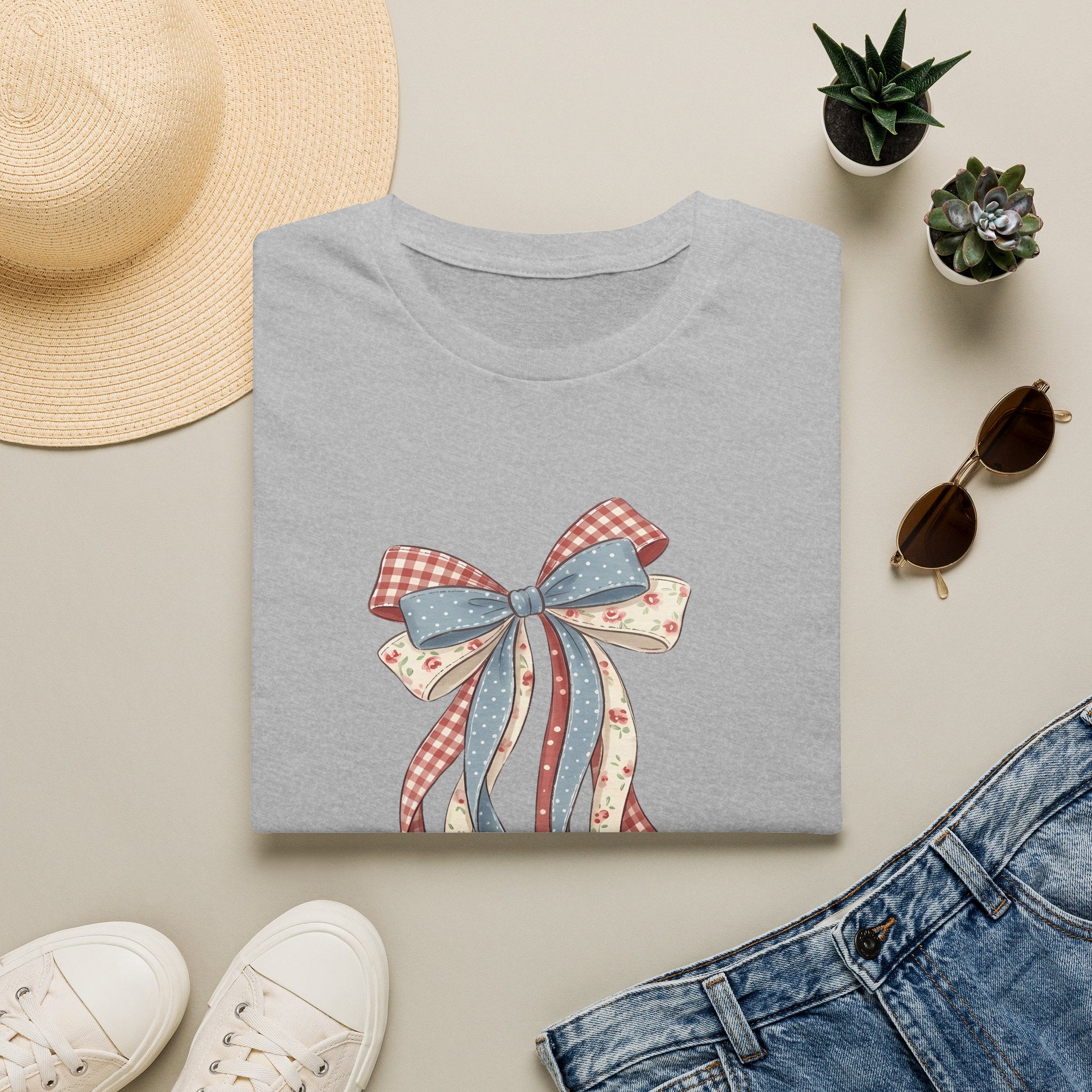 Bow Ribbon T-Shirt — Vintage Americana Floral & Gingham Bow Tee
