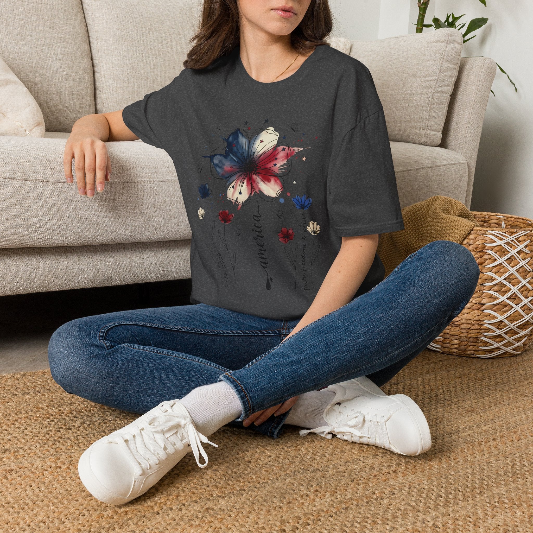 Butterfly Watercolor T-Shirt — Patriotic Red White Blue Floral Graphic