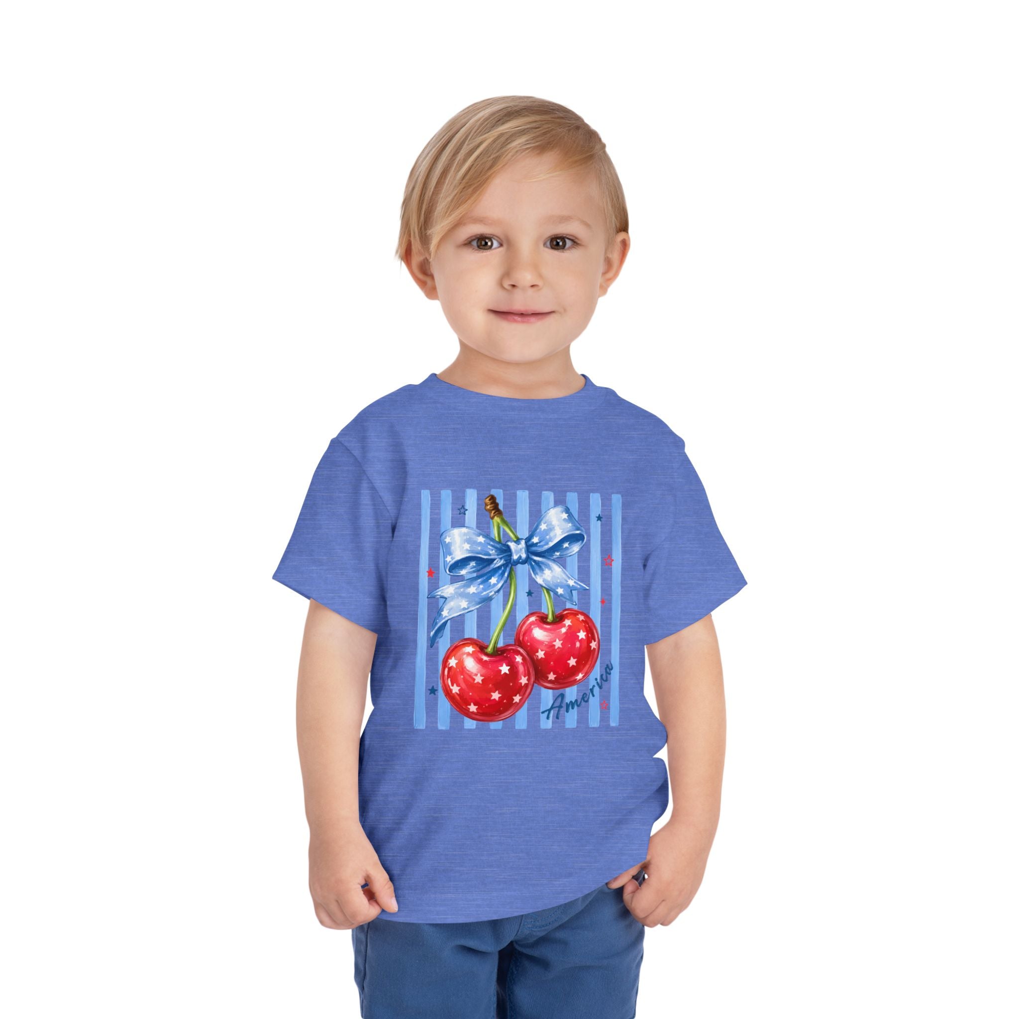 Toddler Tee Cherry Bow   — Cute Red Cherries with Blue Stripes