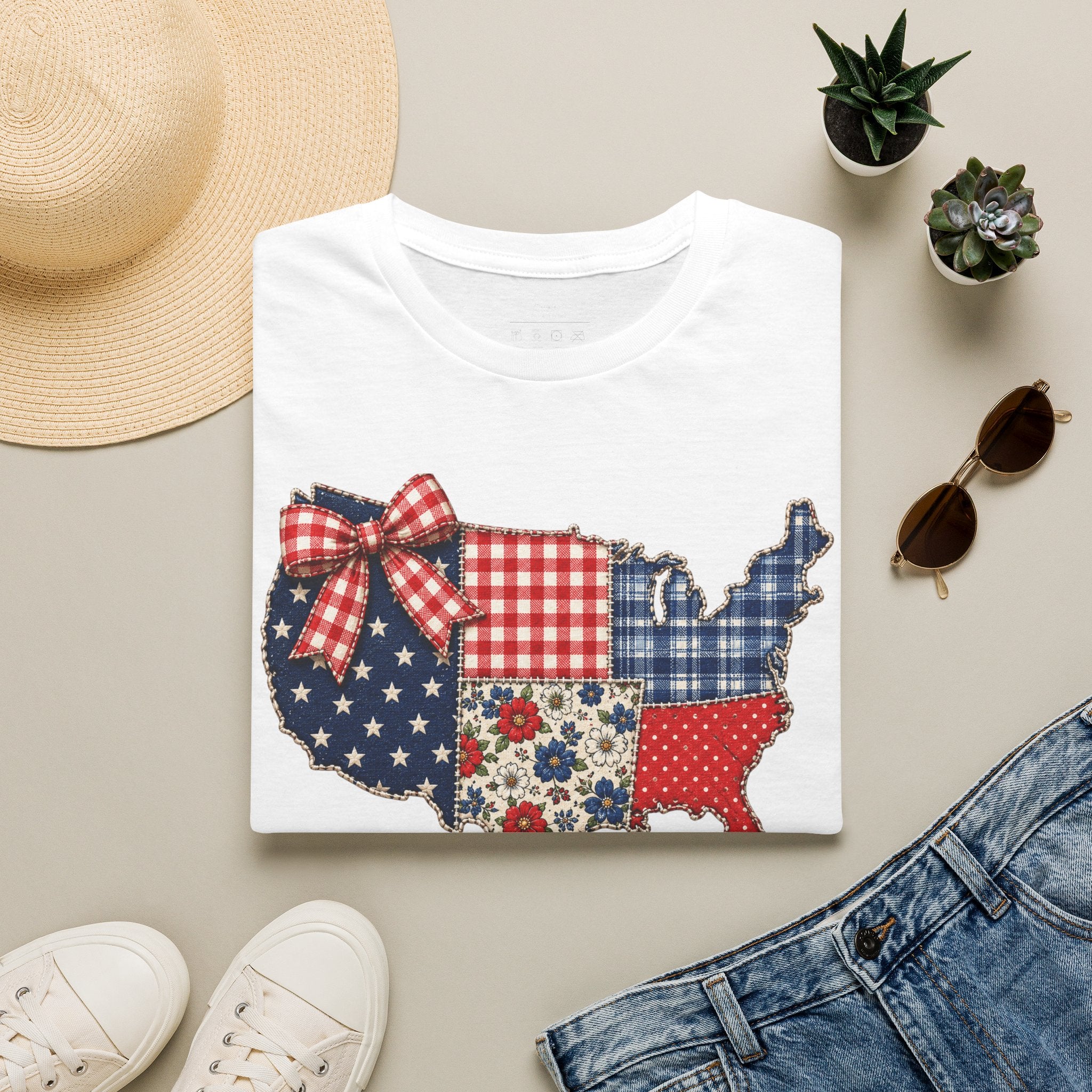 Patriotic Patchwork USA T-Shirt — Quilted Red White & Blue Map Tee